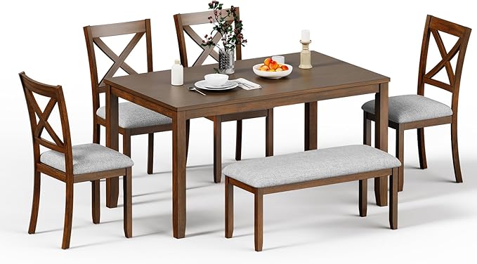 6-Piece Solid Wood Dining Table Set, Including 1 Dining Table, 4 Upholstered Chairs and 1 Bench, Wooden Dining Table Set for Kitchen, Dining Room, Walnut