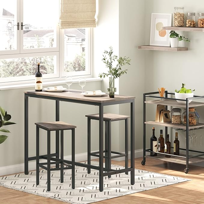 HOOBRO Bar Table and Chairs Set, 47.2” Rectangular Pub Table with 2 Stools for Small Space, High Top Table, 3-Piece Breakfast Table Set, Sturdy Metal Frame, Easy to Assemble, Greige BG52BT01