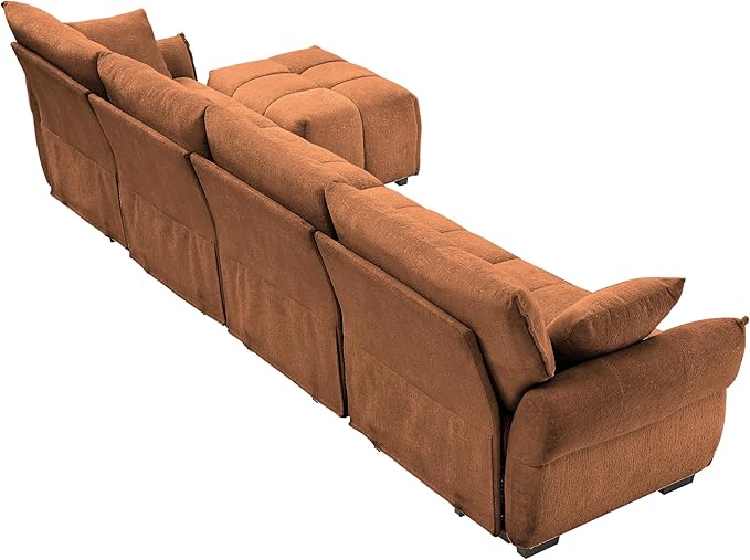 Modern Chenille Fabric 4-Seat Sofa w/Ottoman+2 Pillows, Premium Upholstery Living Room Couch with Tufted Backrest & Comfortable Armrests and High-Resilience Memory Foam Cushions,Orange