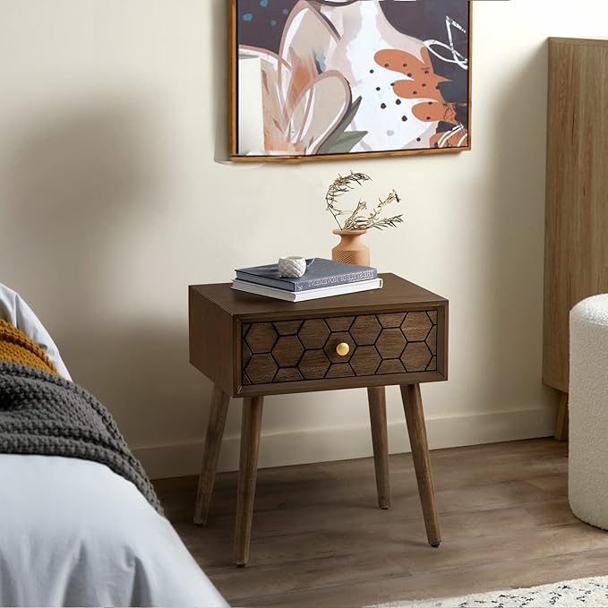 COSIEST Mid-Century Nightstand, Modern MDF Bedside Table, Wood Accent End Table with One Storage Drawer for Bedroom Living Room, Brown