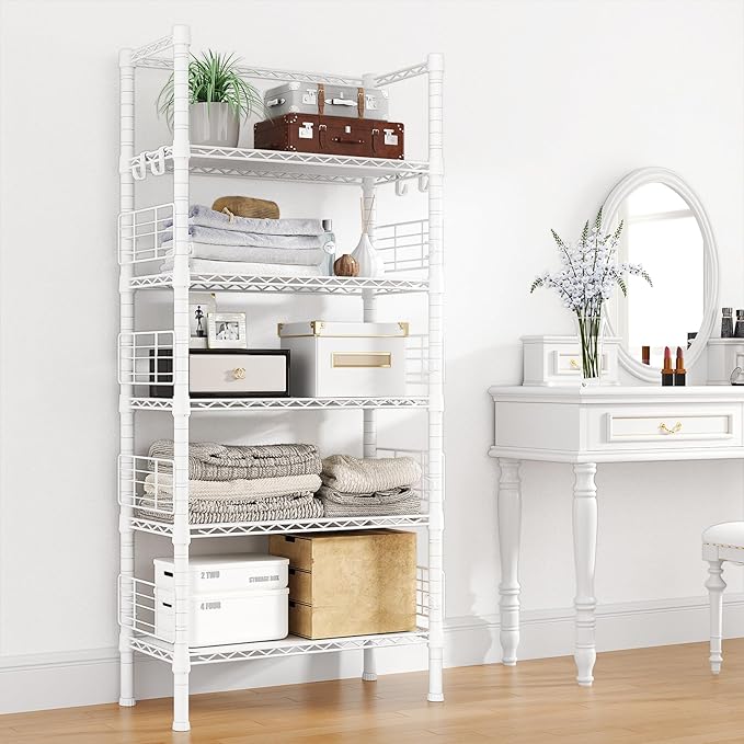 Metal Storage Rack, Storage Organizer Shelves for Kitchen, Bathroom, Living Room, Balcony and Garage, 5 Tiers Narrow Bookshelf, 21.2" W x 9.4" D x 59.2" H, Load 400lbs, White