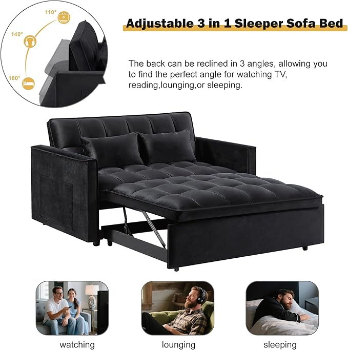 3 in1 Sofa Bed, Pull-Out Sleeper Sofa Bed with 3-Level Adjustable Backrest, Velvet Fabric Convertible Love Seat Sleepers Beds for Living Room & Bedroom & Apartment, Black