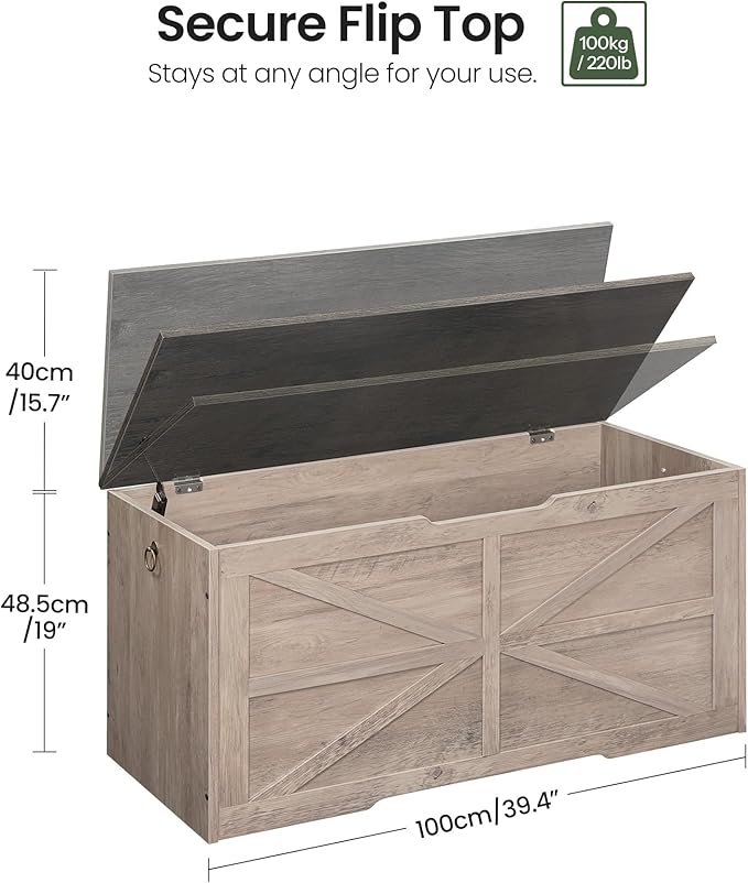 Storage Chest, 39.4" Wooden Storage Trunk, Retro Storage Bench with Safety Hinge, Toy Chest Storage, Farmhouse Style, for Bedroom, Living Room, Charcoal Gray and Greige MCW10HC