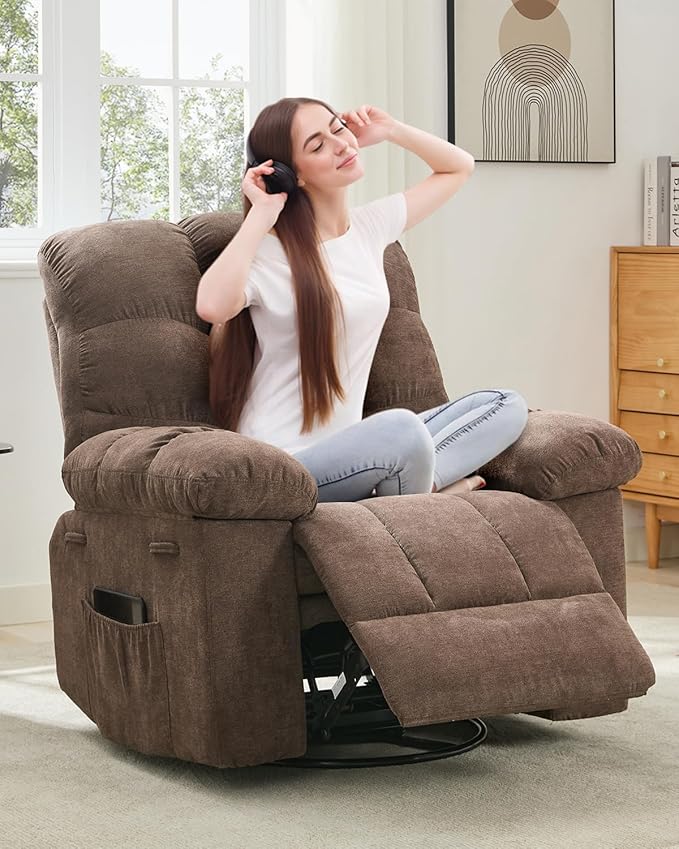 Rocking Recliner Chair,360° Swivel Rocker Chair for Living Room,Upholstered Fabric Glider Nursery Chair with Side Pockets for Small Spaces,Q235 Steel Frame Lazy Boy Recliner Single Sofa(Brown)