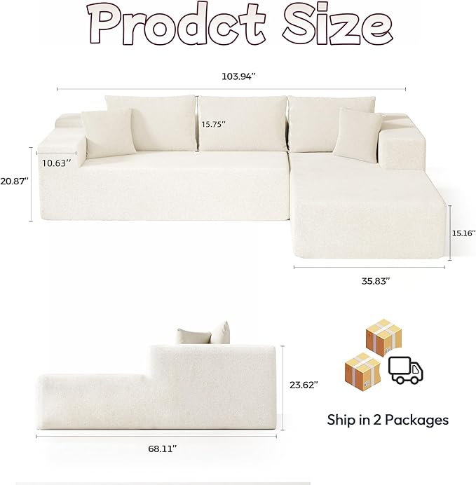 Cloud Sectional Couch, 104”L-Shape Oversized Sofa with Left Chaise Lounge, Modular Sleeper Couch with Pillows & Deep Seat, Rain Drop Velvet Fabric Compressed Sofa for Living Room, Beige