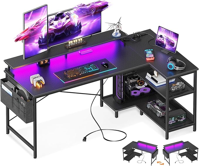 ODK 58 Inch Gaming Desk with USB Charging Ports and LED Lights, Reversible L Shaped Computer Desk with Storage Shelves & Monitor Stand, Corner Gamer Desk Table with Power Outlets, Black