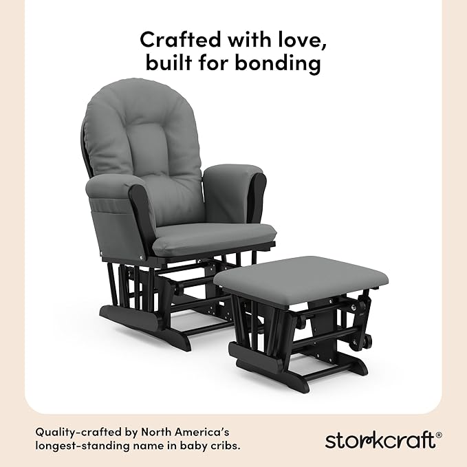 Storkcraft Premium Hoop Glider & Ottoman (Black with Gray) — GREENGUARD Gold Certified, Solid Wood Craftsmanship, Convenient Storage Pockets, Smooth-Gliding Chair for Nursery, Multi-Award-Winning
