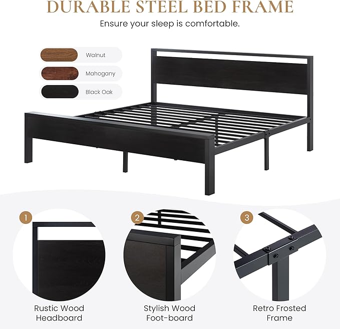 SHA CERLIN 14 Inch King Size Metal Platform Bed Frame with Wooden Headboard and Footboard, Mattress Foundation, No Box Spring Needed, Large Under Bed Storage,Black Oak