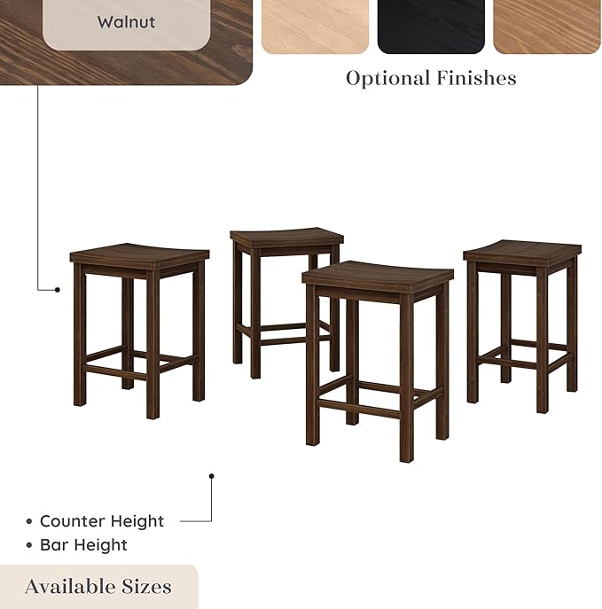 Grain & Grove Smith Collection Set of 4 Solid Wood Counter Height Bar Stools, 24-Inch Saddle Seat Backless Stools, Ideal for Kitchen Island, Dining, or Home Bar Seating, Walnut