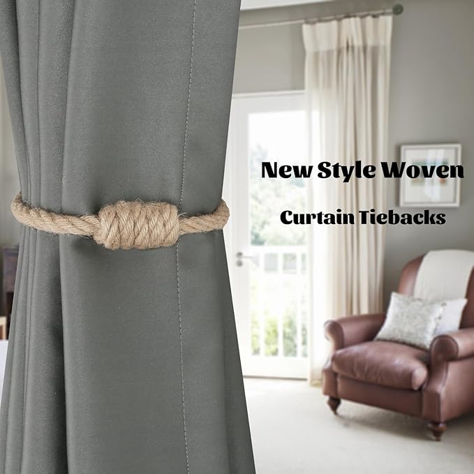 BEL AVENIR Magnetic Jute Curtain Tiebacks, Decorative Drapery Holdbacks Bohemian Style Woven Tie-Backs with Exquisite Knot (Jute, 4 Pack)