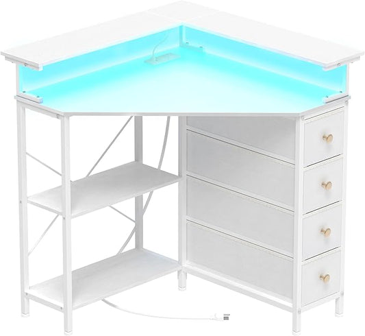 Corner Desk with Drawers Shelves for Small Space 90 Degrees Triangle Computer Desk with Power Outlets,Gaming Desk with LED Lights Monitor Stand for Home Office Workstation Writing Table (White)