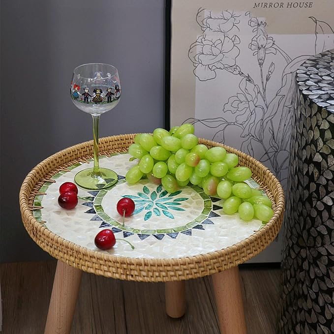 Rattan Round Side Table, Mother of Pearl Inlay Table,Round End/Side Tables for Living Room, Bedrooms, Pedestal Plant Stand for Balcony (Green)