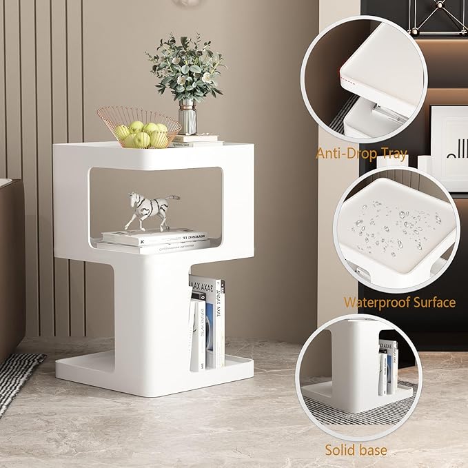White Side Table, Modern Nightstand Metal End Table for Living Room Bedroom,Square Bedside Table-3 Tier Storage,Not Assemble Required