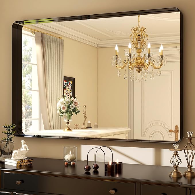 30"x40" Black Bathroom Mirror - Modern Mirror for Wall with Rounded Corners. Bathroom Mirrors for Vanity, Aluminum Alloy Framed Mirror Portrait or Landscape Hang, Rectangle Mirrors