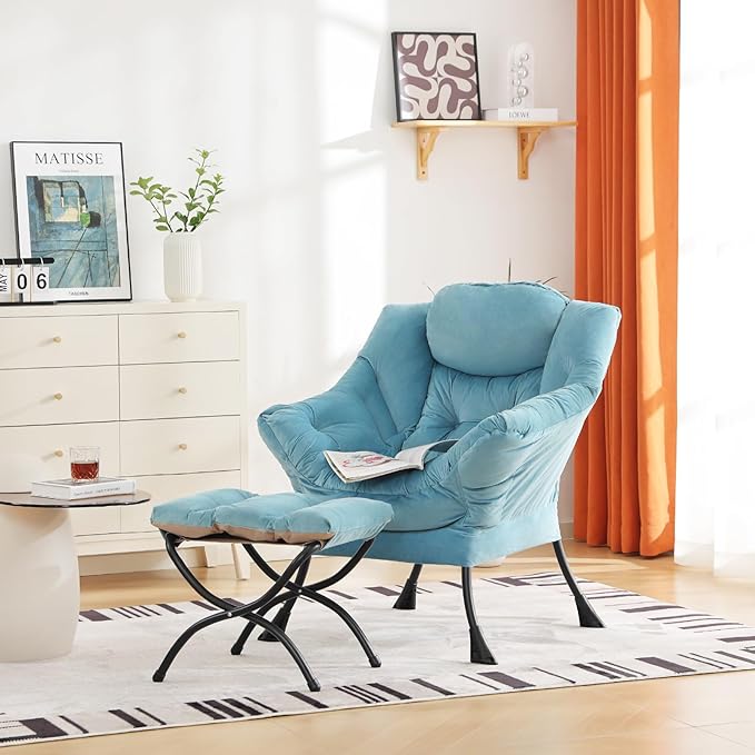 Cozy Lazy Chair and Ottoman, Large Contemporary Accent Lounge Chair Set, Leisure Upholstered Reading Armchair for Bedroom, Living Room, Dorm Rooms, Office