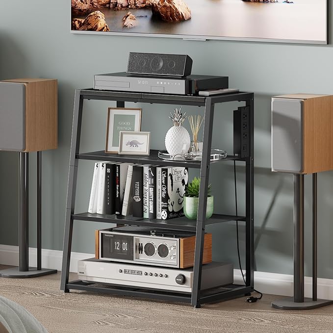 HOOBRO 4-Tier AV Media Stand with Charging Station and LED Light, Wooden Stereo Cabinet, Corner TV Stand, Rack Audio Tower, Corner Entertainment Center, Black BB107UDCJ01