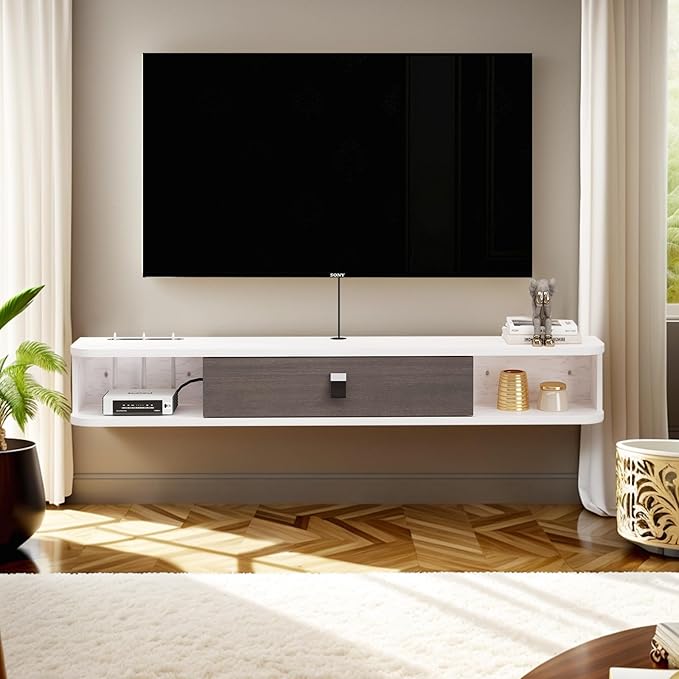 Pmnianhua Floating TV Console, 70'' Wall-Mounted Media Console TV Cabinet Floating TV Stand Entertainment Shelf with Door and Storage (Grayish-White)