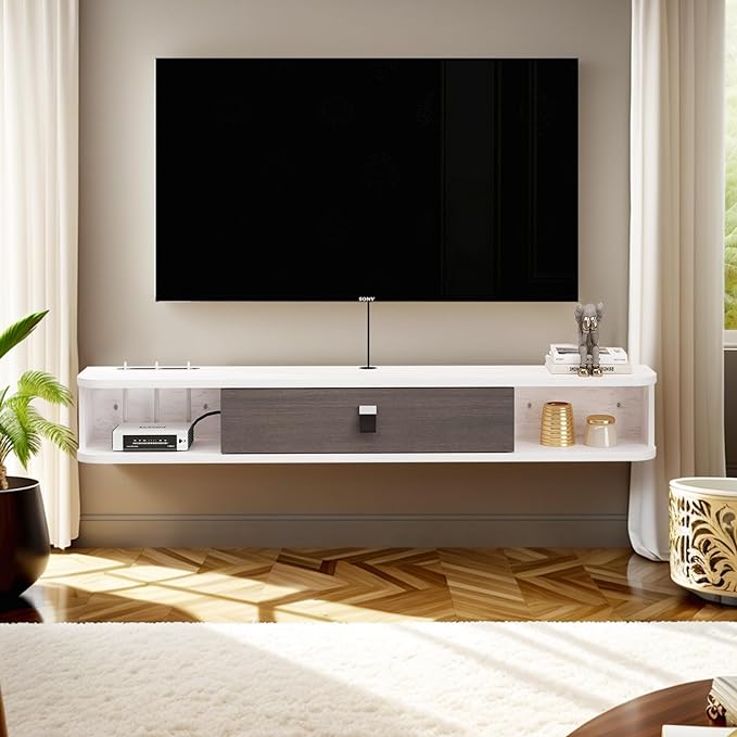 Pmnianhua Floating TV Console,63'' Wall-Mounted Media Console TV Cabinet Floating TV Stand Entertainment Shelf with Door and Storage (Grey White)