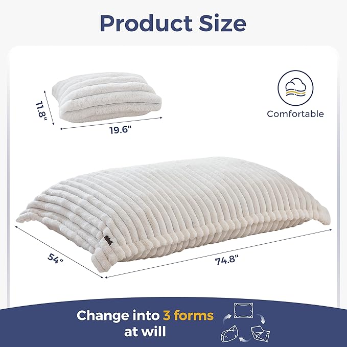 MAXYOYO Giant Bean Bag Chair with Pillow, 3 in 1 Convertible Bean Bag Chair for Adults with Washable Cover, Removable Floor Cushion Stuffed Floor Lounger for Living Room Bedroom, Beige