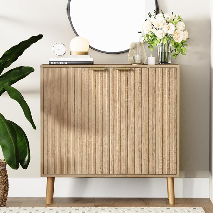 Fluted Storage Cabinet, Free Standing Buffet, Wood Sideboard, Multifunctional Accent Storage for Living Room, Hallway, Entryway, Dining Room (1, Oak)