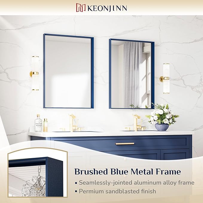 Keonjinn Blue Bathroom Mirror 22 x 30 in, Metal Framed Rectangular Wall Mirror, Square Corner, Modern Farmhouse, Rectangle Navy Blue Mirrors for Bathroom Sink(Horizontal/Vertical)