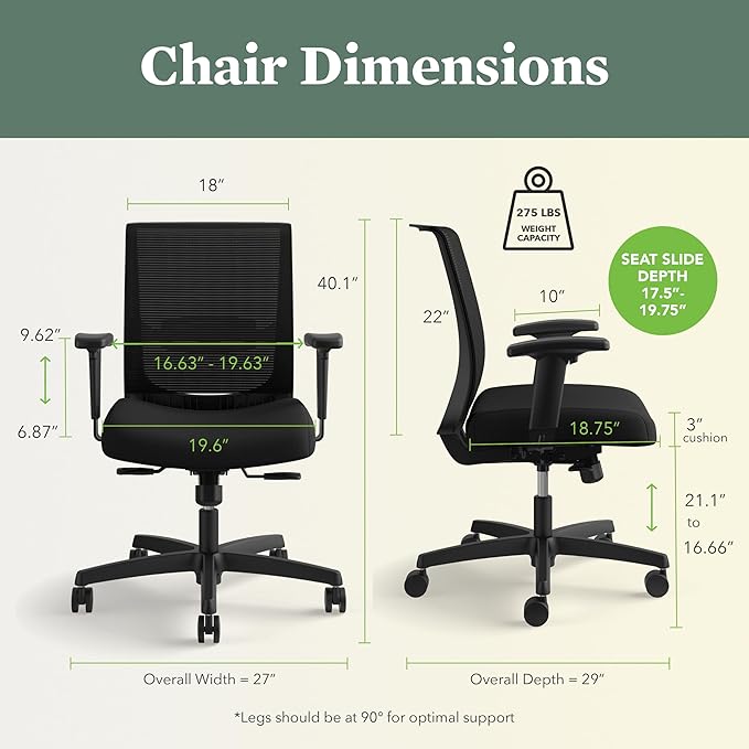 HON Convergence Ergonomic Office Chair, Breathable Back Support Mesh, Adjustable Arms, Computer Chair with Lumbar Support, Rolling Swivel Wheels, Comfortable Synchro-Tilt Recline, Vinyl, Black