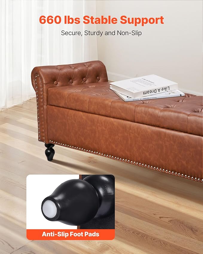 VEVOR Button-Tufted Storage Ottoman Bench, Rolled Arm PU Leather Bench with Solid Wood Legs, Modern Shoe Benches Seat for Entryway, Upholstered End of Bed Benches for Living Room, Dining Room, Brown