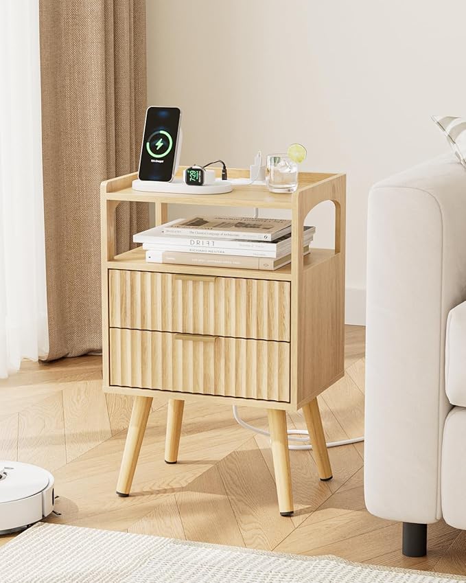 Nightstand with Charging Station and LED Lights,Modern Bedside Table with 2Drawer and Open Shelf,Oak Night Stand with Solid Wood Legs,End Table for Living Room、Bedroom and Small Spaces