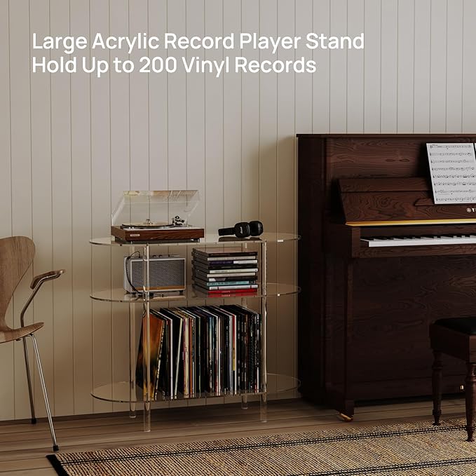 HMYHUM Acrylic Record Player Stand with Vinyl Storage, 35.4" L x 15.7" W x 30.1" H, Large Turntable Stand Table Holds Up to 200 Albums, 3-Tier Clear Vinyl Record Holder for Living Room, Bedroom
