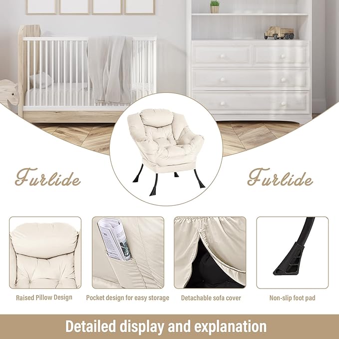 Lazy Chair with Ottoman, Modern Chair with Folding Footrest, Lounge Accent Chair, Comfortable Reading Chair, Oversized Armchairs for Bedroom, Study, Living Room, Courtyard (Beige)