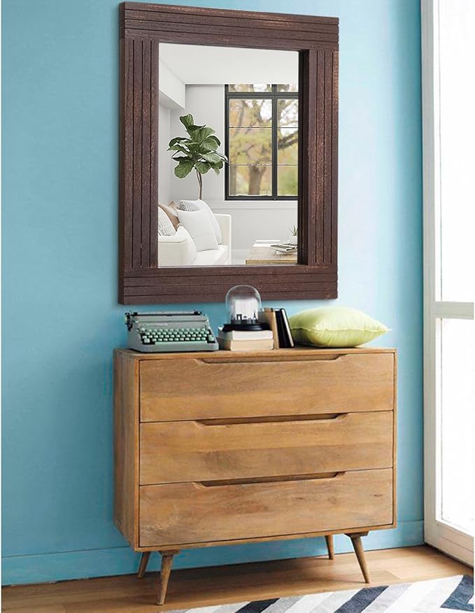 Wood Wall Mirror Rectangular Framed Rustic Vintage Mirrors Decor Farmhouse Bedroom Bathroom Mirror for Dressing Table Entrance Large 26"x18" Brown
