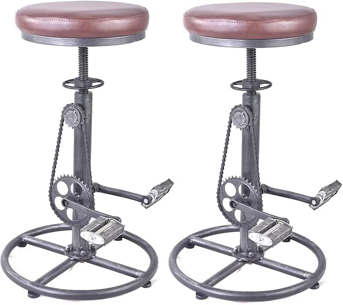 Topower Vintage DIY Bar Stool Bicycle Chain Iron Pedal Retro Industrial Height Adjustable Bicycle Wheel Design bar Chair Set of 2 Silver