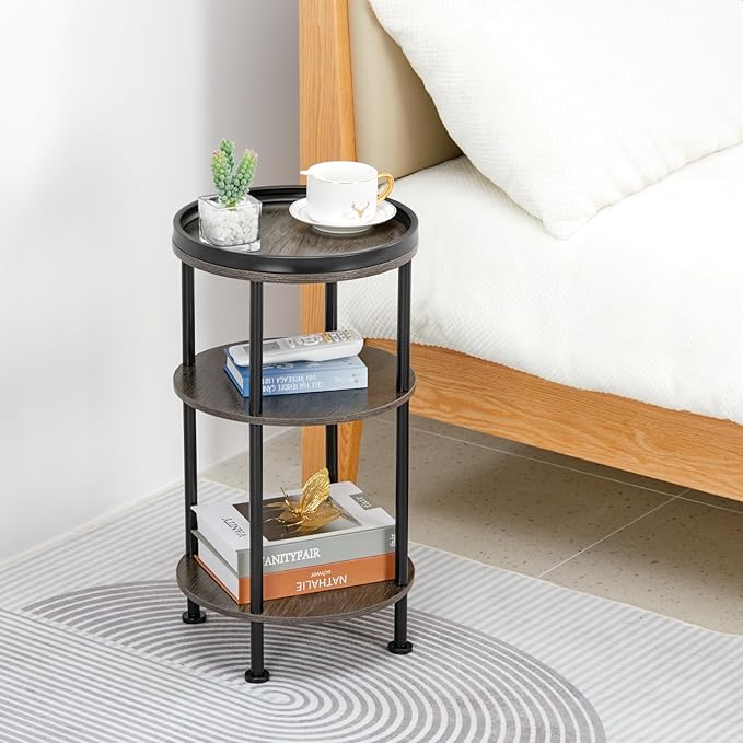 Small Round Side Table for Small Spaces, 3-Tier Round Accent Table Slim Side Table, Modern Sofa Corner Table for Living Room Nightstand Bedroom (Grey)