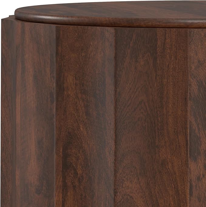 SIMPLIHOME Trenton Coffee Table - 32 inch Wide Solid Mango Wood Round Living Room Table in Walnut Brown, Contemporary Sculpted Drum Center Table for Family Room with Scalloped Edge, Assembled