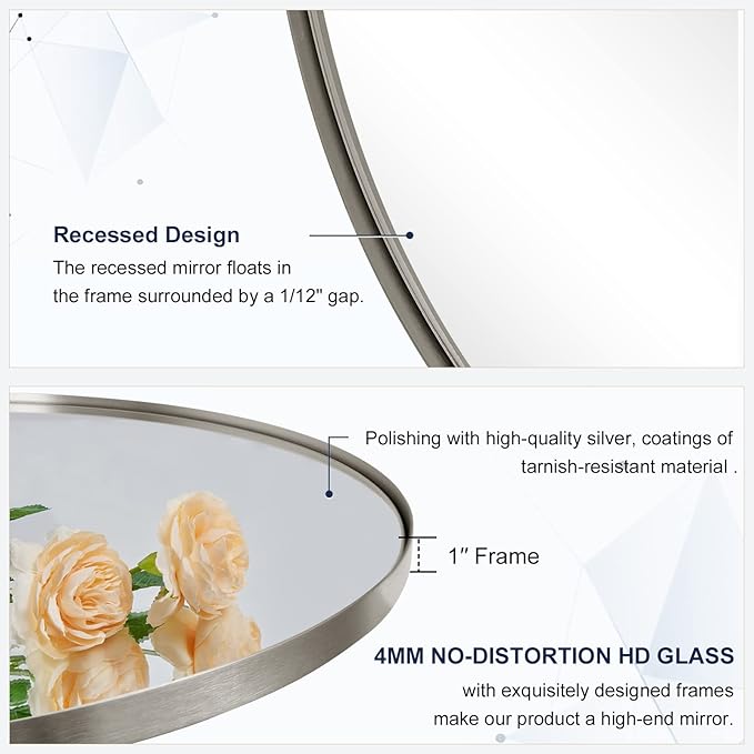 ANDY STAR Round Bathroom Mirror, 24’’ Brushed Silver Round Bathroom Mirrors in Stainless Steel Metal Frame 1" Deep Set Design