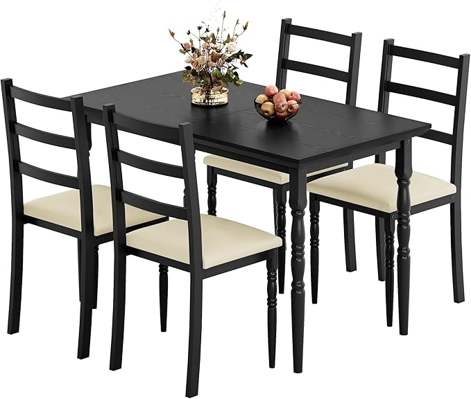 DWVO 5-Piece Dining Table Set for 4, Kitchen Dining Room Table with Upholstered Chairs, Faux Leather Cushions, Modern Rectangular Dinner Table Set for Small Spaces & Apartment, Black
