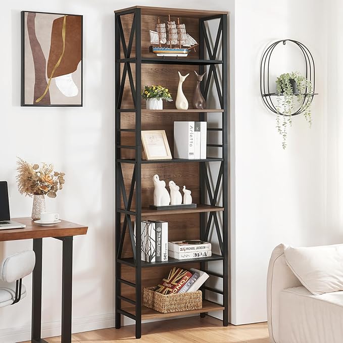 HOMISSUE Tall Bookshelf, 7-Tier Book Shelf, Rustic Wood Metal Bookshelves and Bookcases, Freestanding and Industrial Open Bookcase for Home Office, Living Room and Bedroom, Vintage Brown