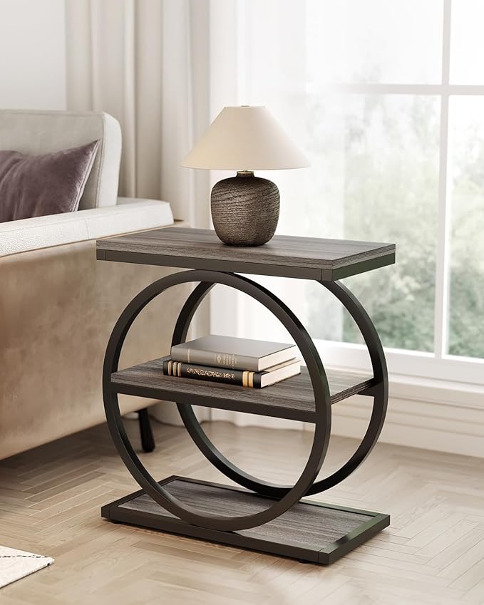 LITTLE TREE End Table Set 2, Side Table with 3 Tiers Shelves, Slim Sofa Side Table for Living Room, Tall Bedside Table Nightstand for Bedroom, Grey and Black