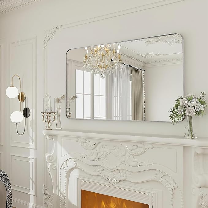 Brushed Nickel Bathroom Mirror, 24x40 Rounded Rectangle Mirror Modern Bathroom Vanity Mirror with Rustproof Alloy Aluminum Frame, Wall Mounted Vertically/Horizontally