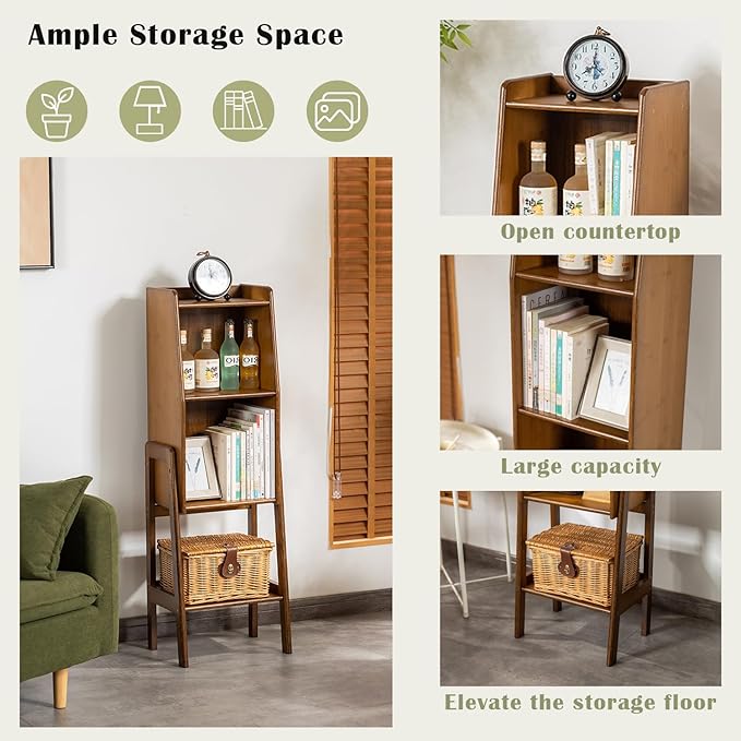 3 Tier Bamboo Bookcase, Classical Modern Bookshelf, Dispaly Shelves, Bamboo Wood Organizer Book Shelf for Living Room Home Office-Walnut, Medium