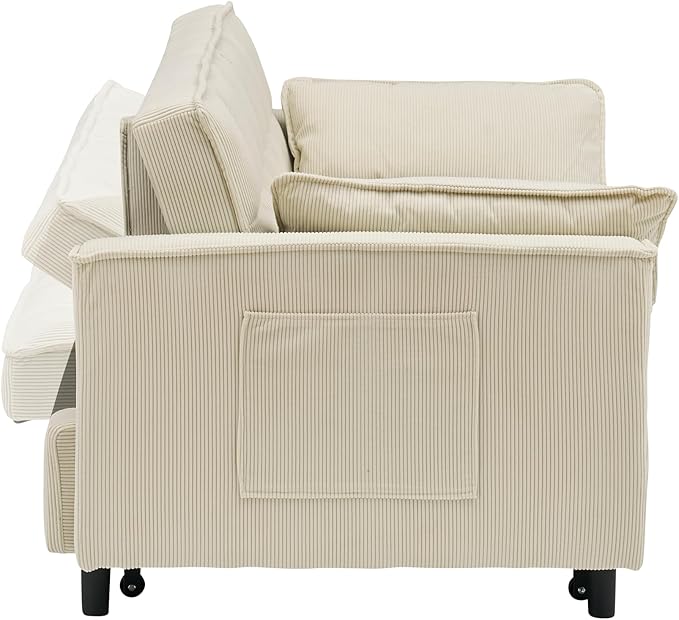 Ball & Cast Convertible Sofa Bed,Pull Out Loveseat Sleeper Sofa,Convertible Pull Out Couch W/ 2 Pillows,Adjustable Backrest & Side Pocket,Corduroy Futon Couches for Living Room,Apartment,Beige,54"