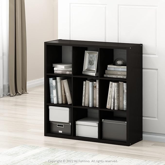 Furinno Cubicle Open Back Decorative Cube Storage Organizer, 9-Cube, Black Dark Oak