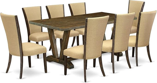 East West Furniture V777VE703-9 9 Piece Dining Room Table Set Includes a Rectangle Dining Table with V-Legs and 8 Brown Linen Fabric Upholstered Parson Chairs, 40x72 Inch, Multi-Color
