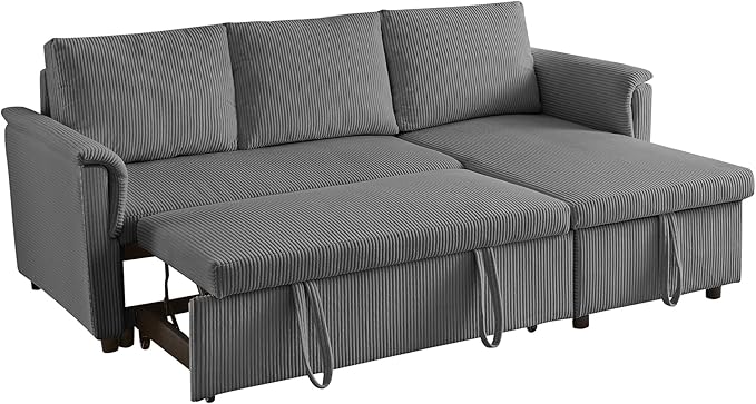 Ball & Cast Reversible Sectional Sofa Couch,L-Shape Sleeper Sofa Bed with Storage Chaise Pull Out Couch for Living Room | Hidden Storage | Pull Out Bed | Removable Backrest | Corduroy Fabric,Gray