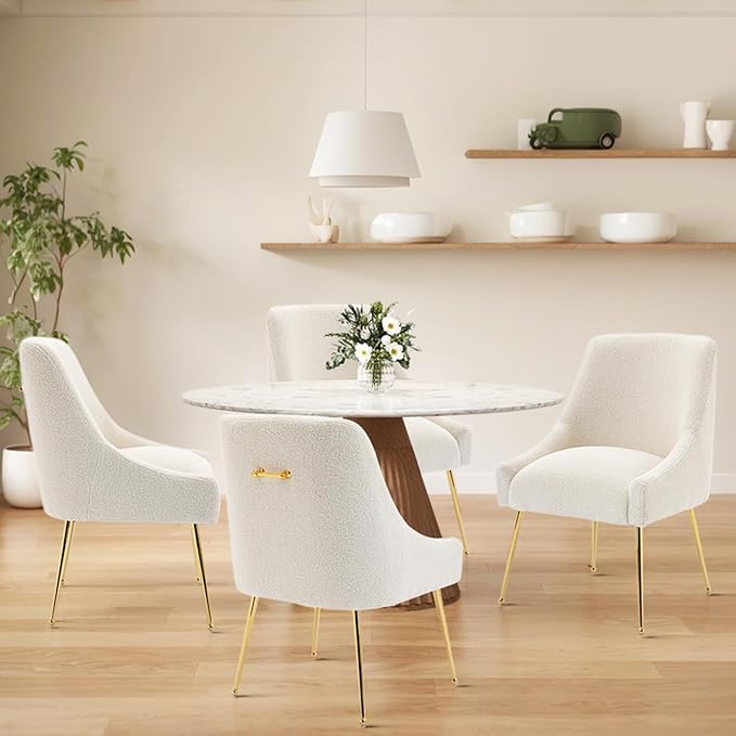 Modern Velvet Dining Chairs Set of 6, Contemporary Upholstered Furniture Collection with Polished Gold Metal Legs, Elegant Accent Chairs for Kitchen Living Room(Teddy Fleece,Beige)