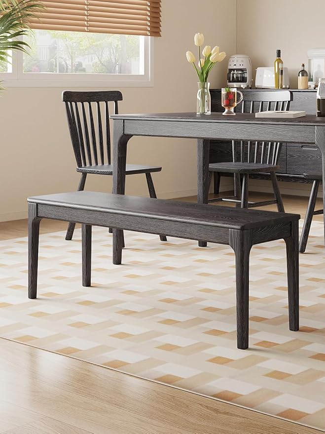 Dining Bench, Wood Bench Solid Oak Wooden Bench Indoor Dining Room Table Home Bedroom Bed End Restaurant Modern Hallway Furniture (Black, 39.4" W x 13.8" D x 17.7" H)