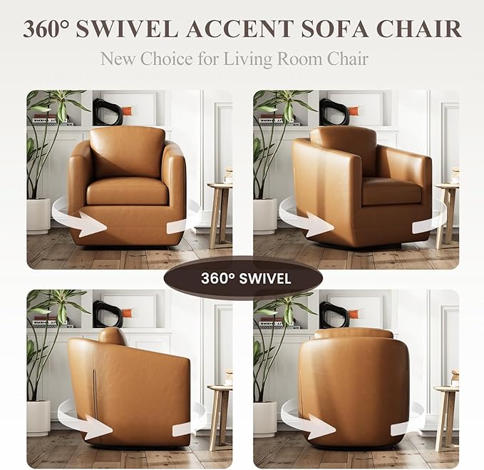 COLAMY 360° Swivel Accent Chair- Comfy Living Room Armchair No-Sag Foam & Sturdy Metal Base with Pillow, Fully Assembled Swivel Accent Single Sofa for Bedroom Living Room, Office, Brown