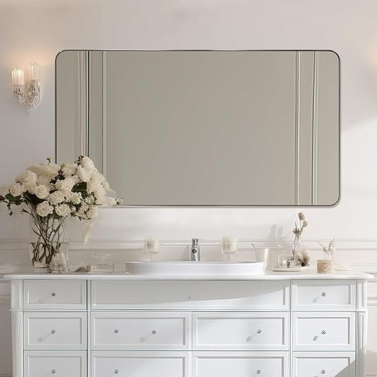 Brushed Nickel Bathroom Mirror, 24x40 Rounded Rectangle Mirror Modern Bathroom Vanity Mirror with Rustproof Alloy Aluminum Frame, Wall Mounted Vertically/Horizontally