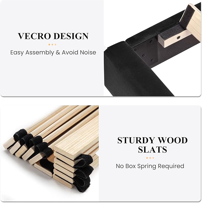 SHA CERLIN King Bed Frame/Velvet Upholstered Platform Bed Frame with Headboard/Strong Wood Slats Support/Mattress Foundation/No Box Spring Needed - Black