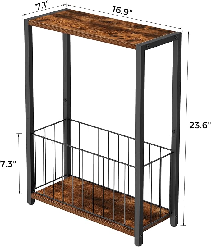 Narrow Side Table with Magazine Holder, Skinny End Table Perfect for Small Spaces, Space-Saving Design for Living Room, Bedroom, or Office, 7.1" D x 16.9" W x 23.6" H, Rustic Brown
